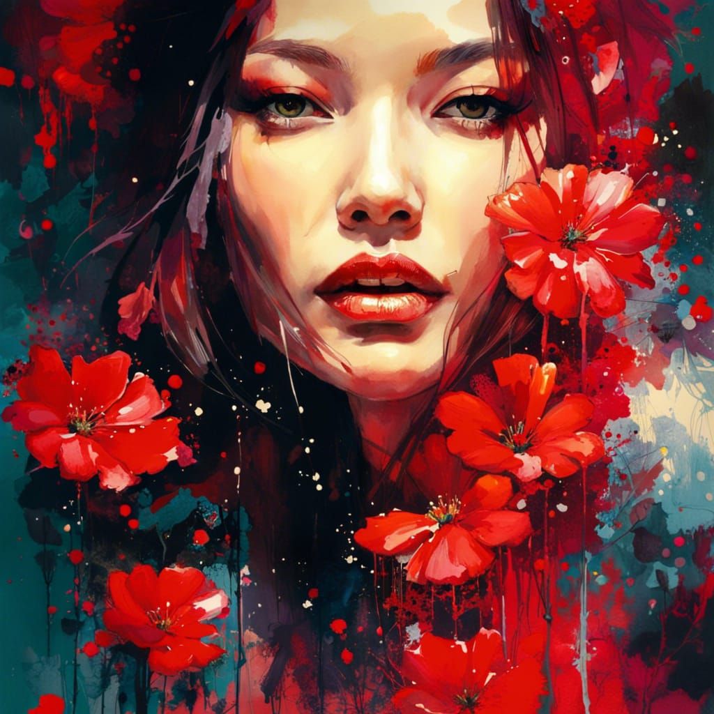 Woman in Red Flowers: Watercolor Masterpiece