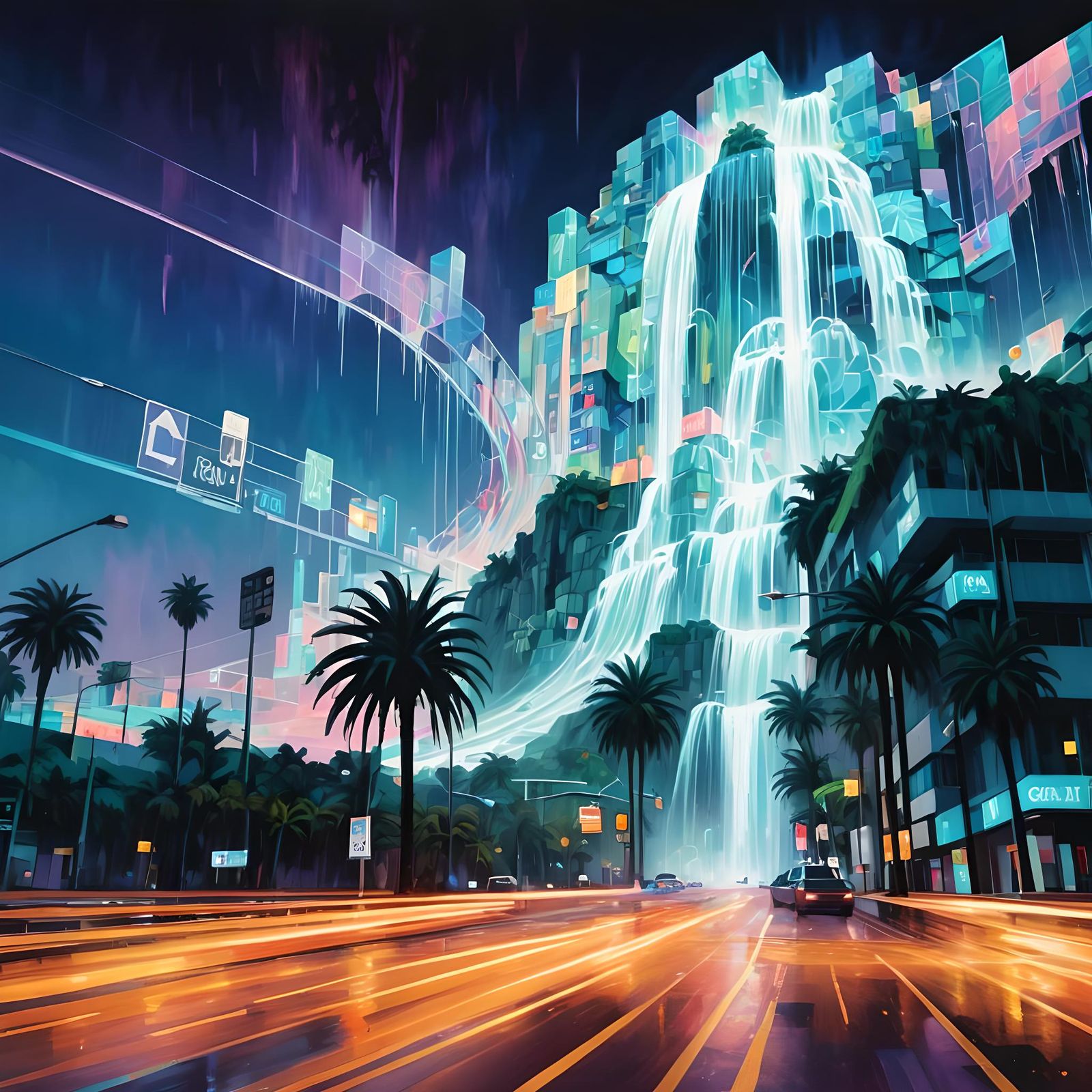 Surreal Waterfalls and Palm Trees with Motion Blur