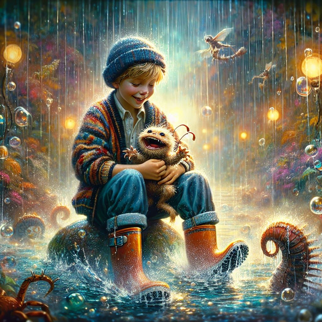 Boy and Alien in Rainy Fantasy, Surreal Oil Painting