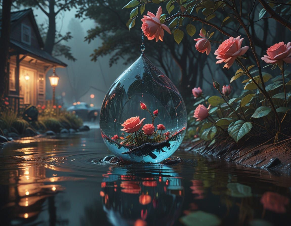A Serene Water Droplet Reflects a Miniature Idyllic World