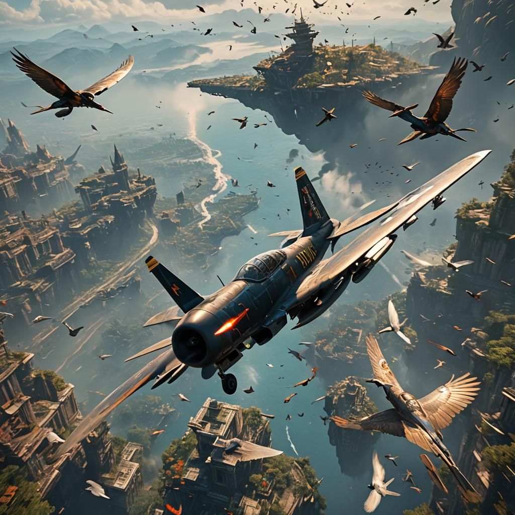 Fighter Jet and Birds in Flight