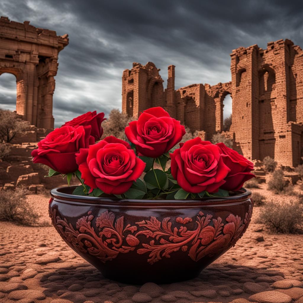 Red Roses Bloom in Chocolate Bowl in Desert