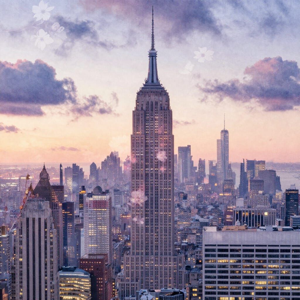 Twilight Cityscape with Floral Double Exposure in Watercolor...