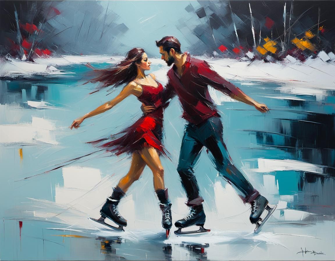 Abstract Expressionist Oil Painting of Ice Skaters