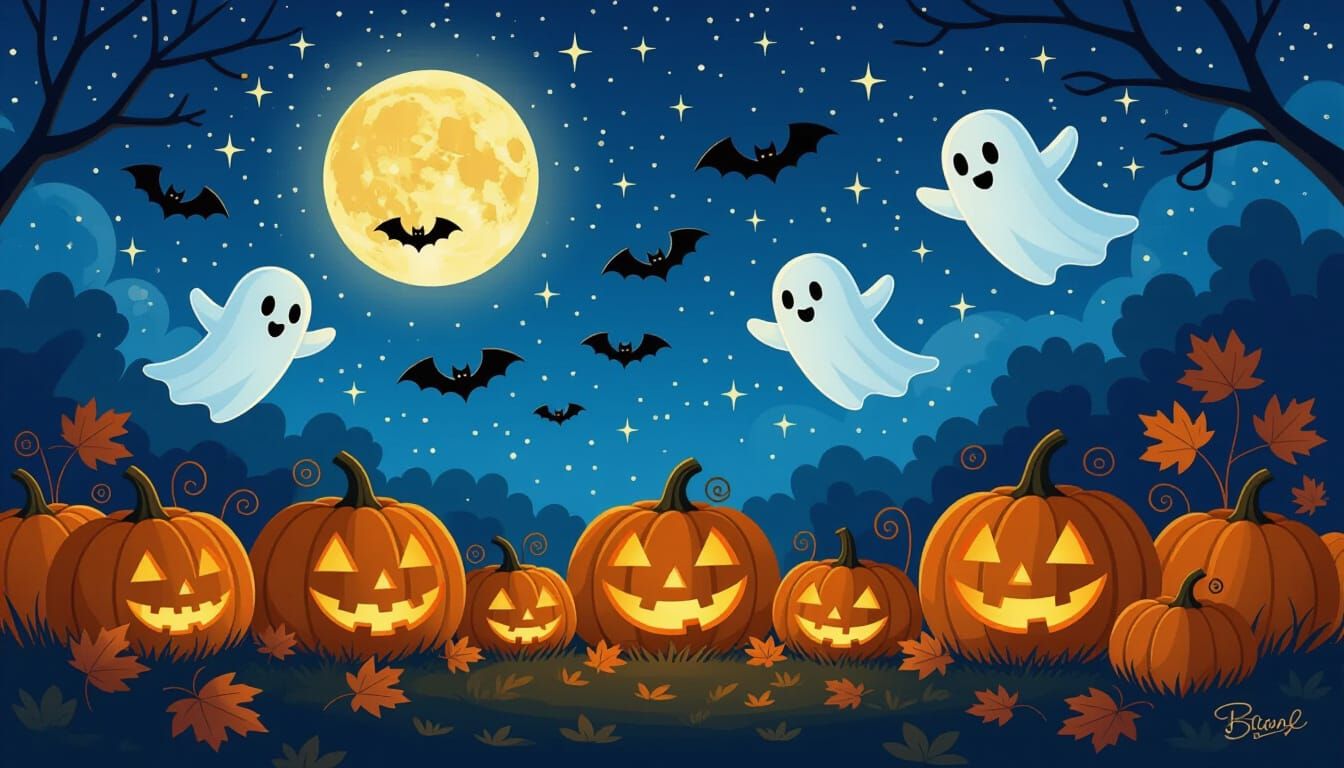 Whimsical Halloween Scene: Pumpkins, Ghosts, and Bats Under ...