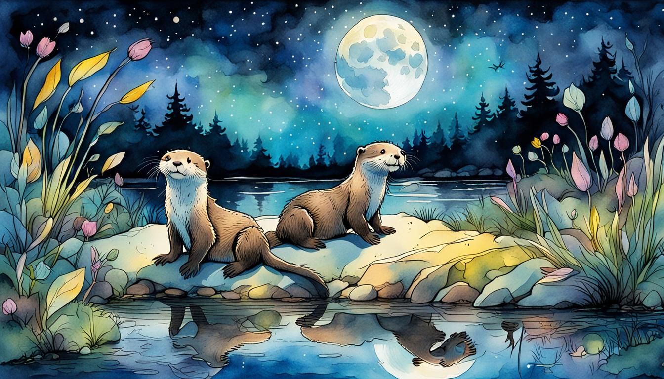 Playful Otters in Ink and Watercolor