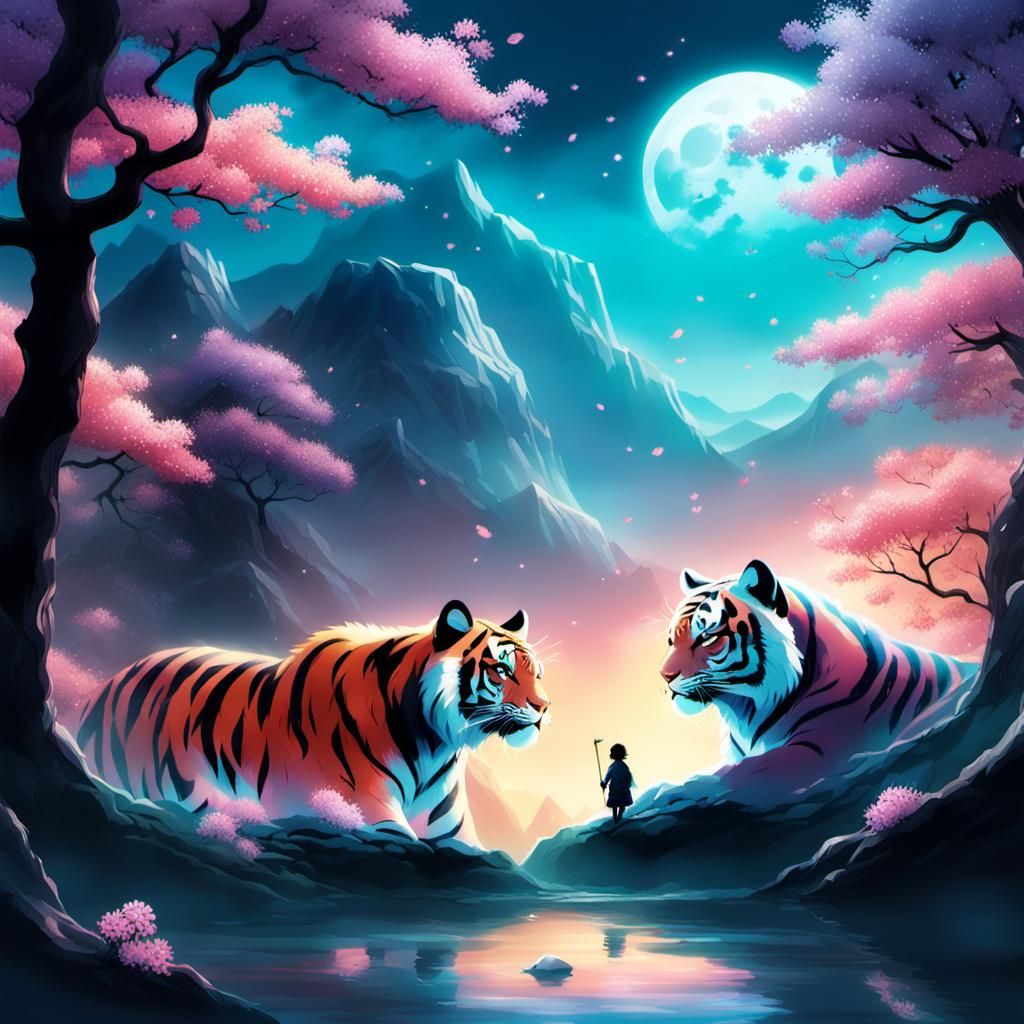 Dreamy Anime Tigers in Mystical Cherry Blossoms