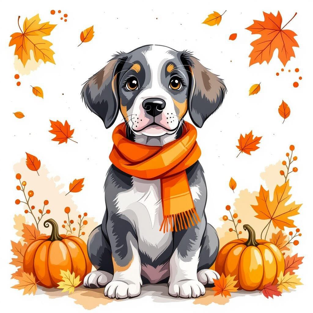 Whimsical Watercolor Great Dane in Autumn Leaves