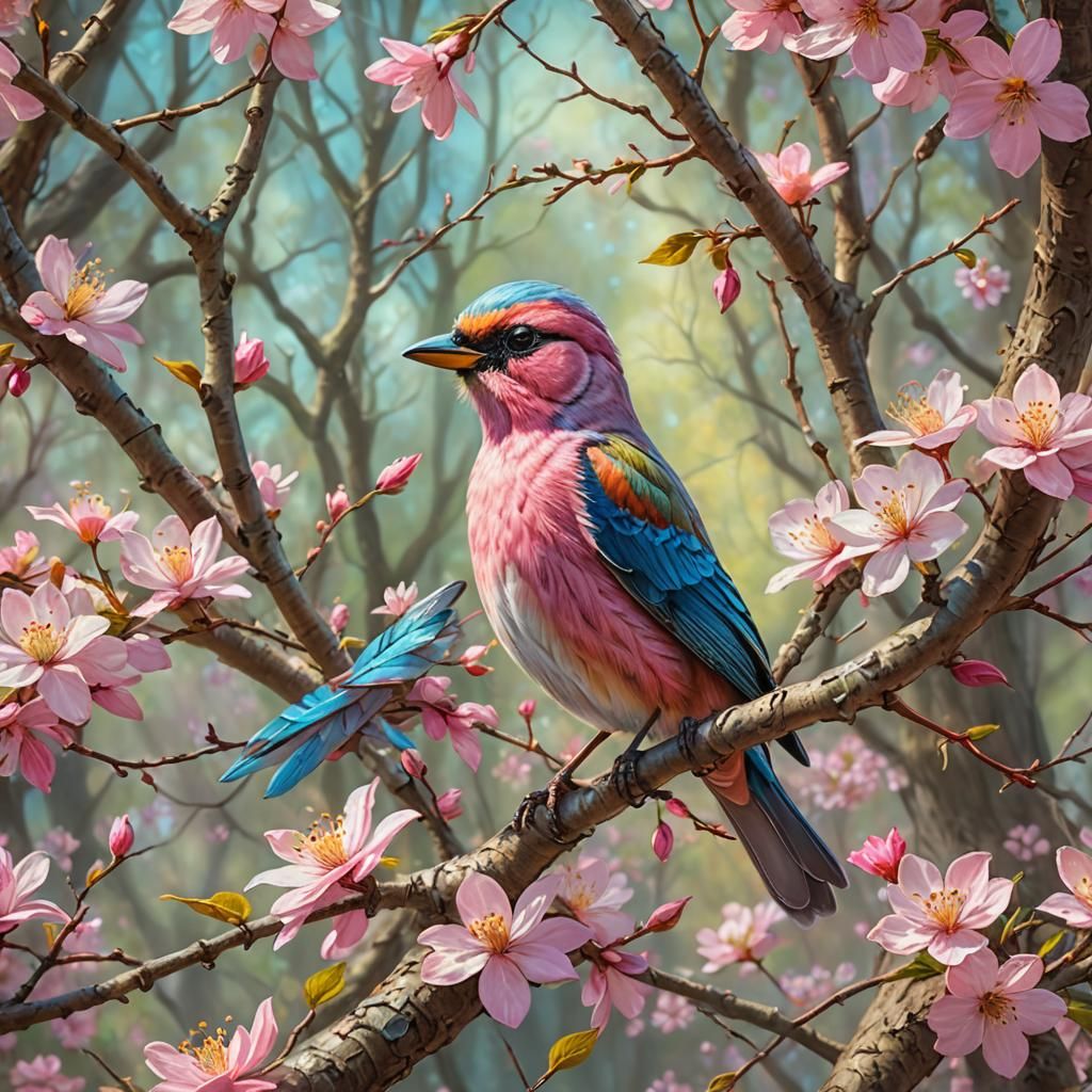 Whimsical Bird on Spring Tree Branch
