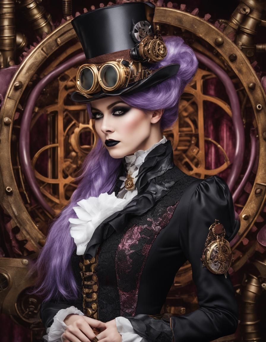 Steampunk Portrait of Woman in Mourning with Lilac
