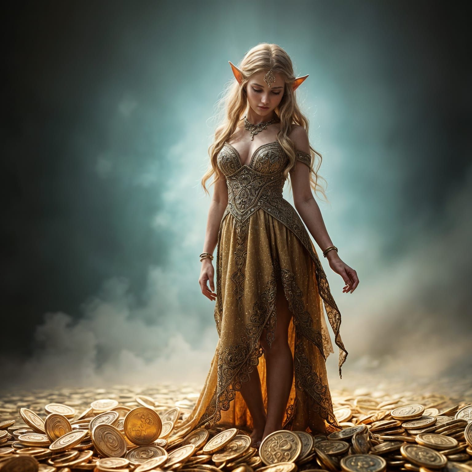 Hyperrealistic Elf Woman in Golden Coins