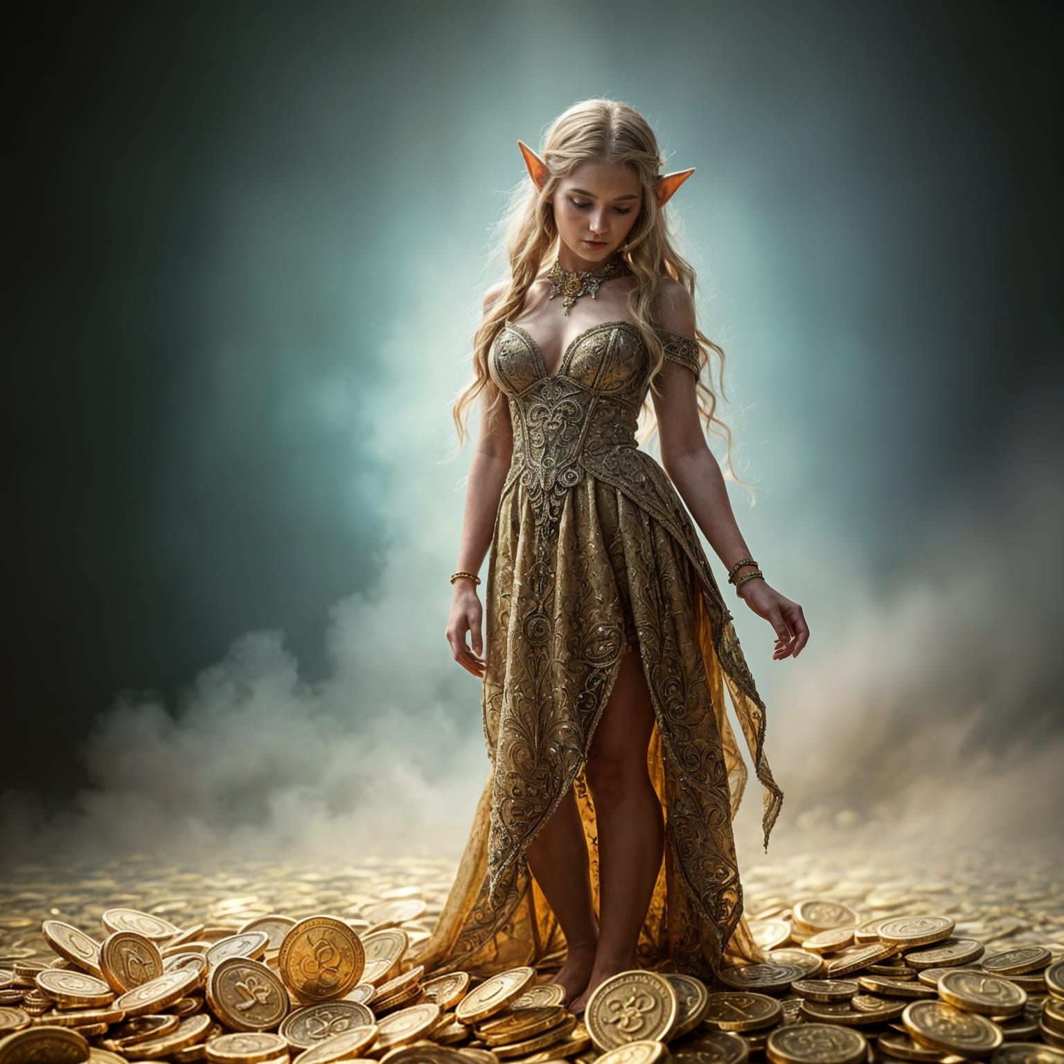 Hyperrealistic Elf in Gold Coin Pool