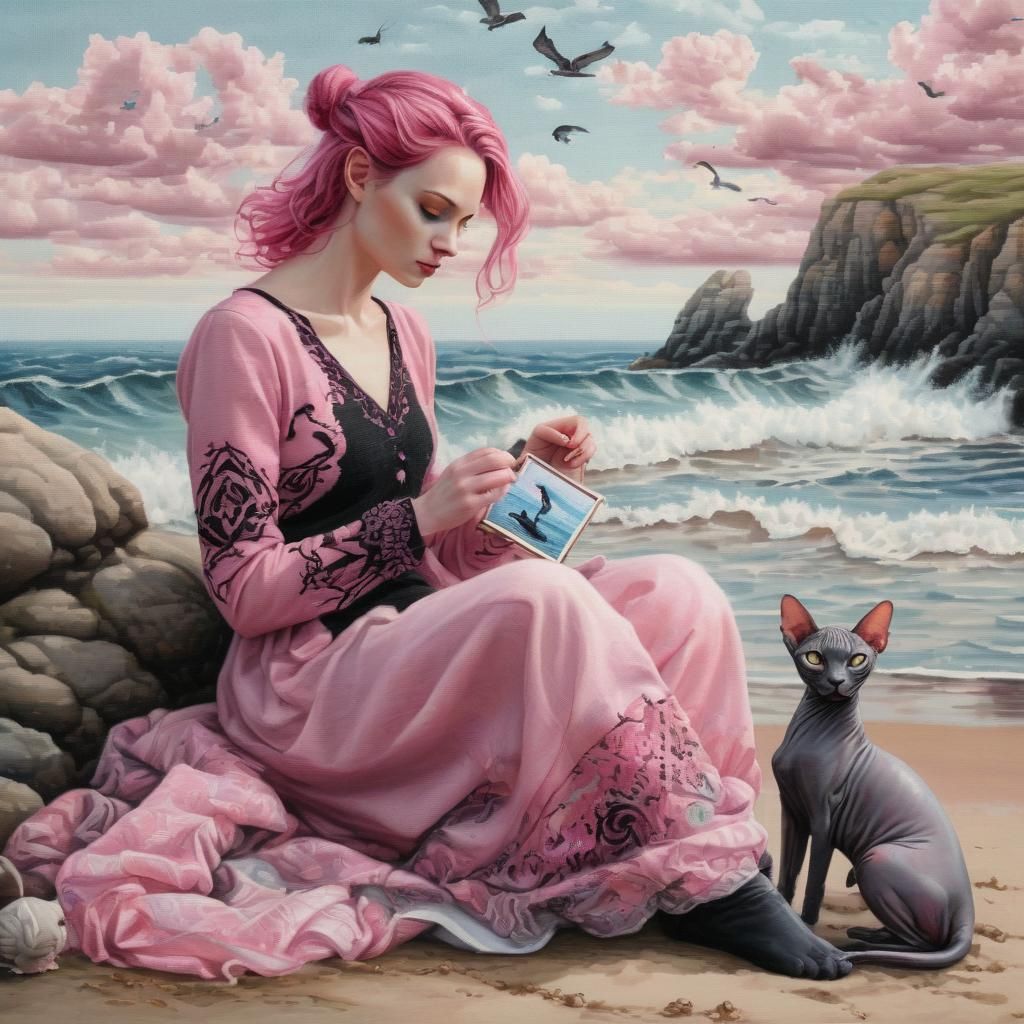 Lady Cross-Stitching a Sphynx Cat by the Sea