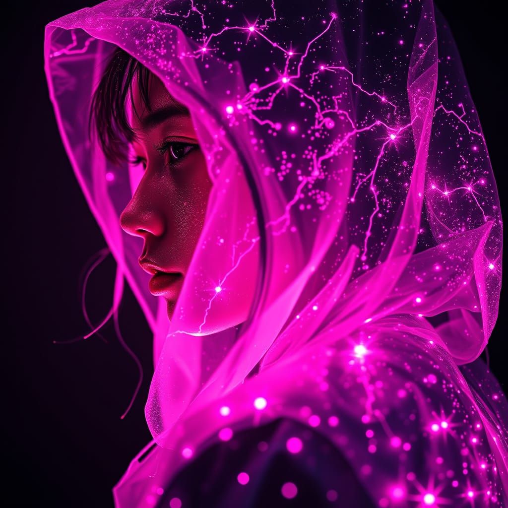 Neon Laser Girl Portrait in Moody, Grainy Darkness