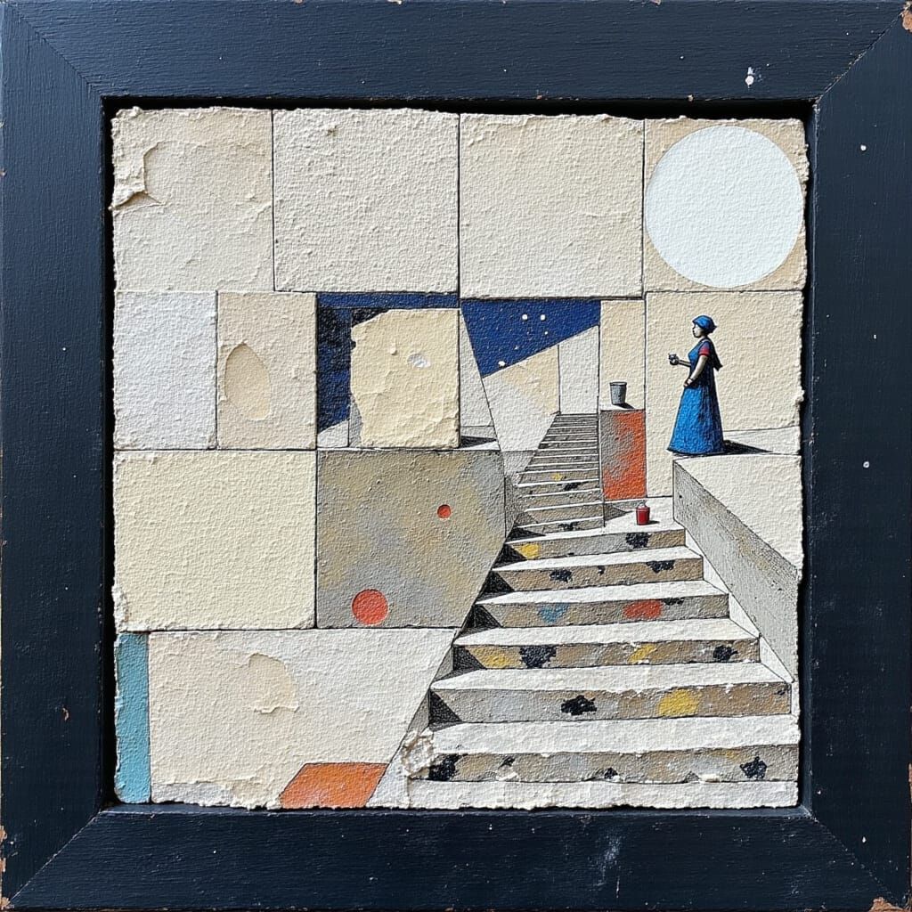 Surreal Staircase Scene Inspired by Giacometti and Magritte