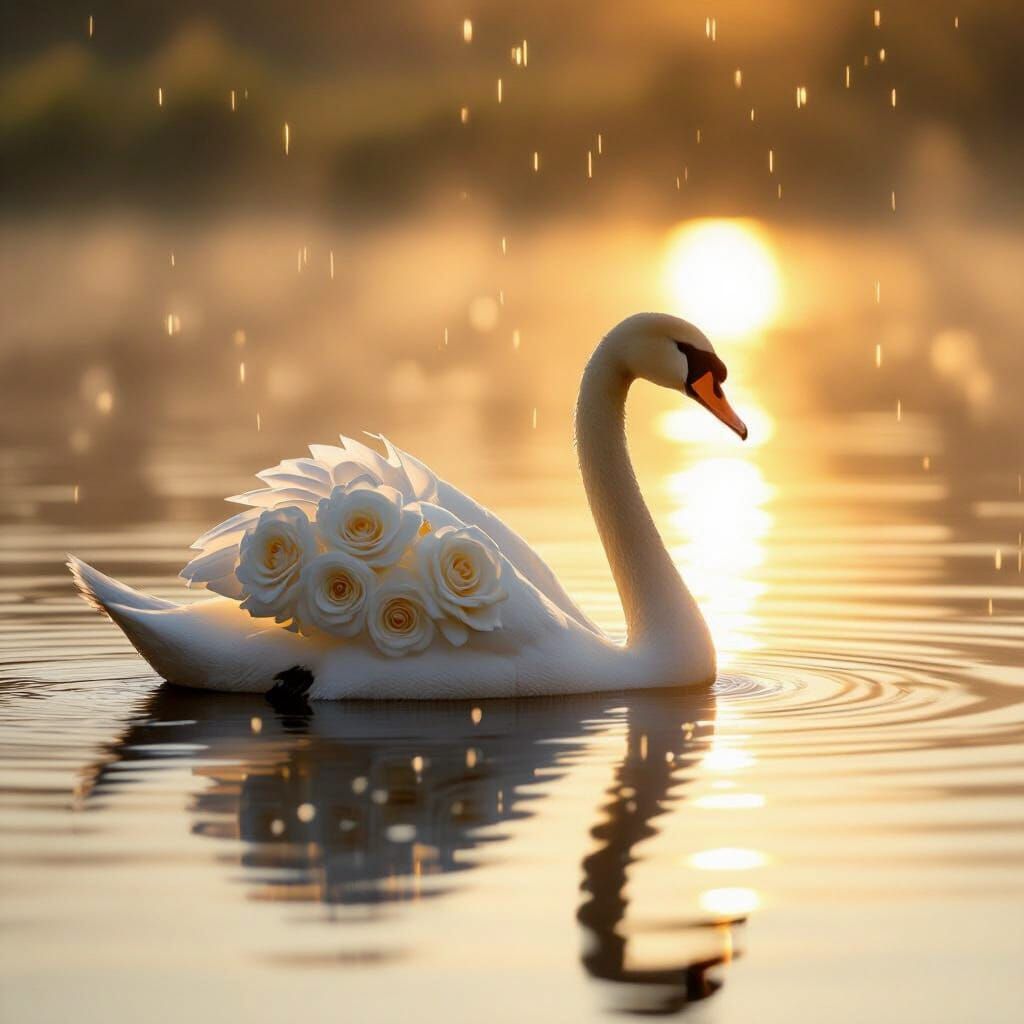 Swan Silhouette Formed by Roses and Raindrops