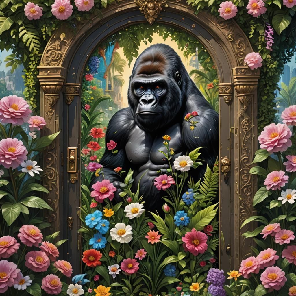 Surreal Gorilla with Key by Riverbank as Impasto Painting