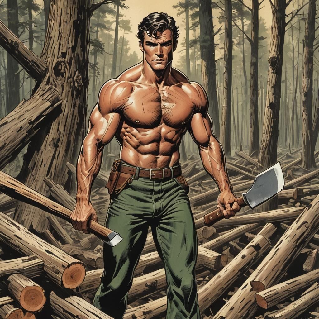 Vintage Comic Art: Shirtless Man Splitting Wood