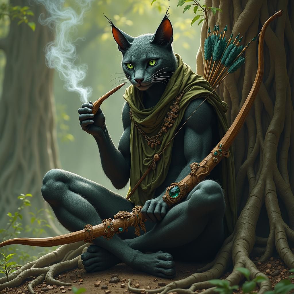 Feline Ranger Cloaked in Shadows, Mystical Art