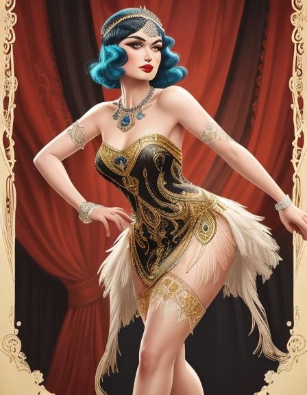 1920s Burlesque Star on Stage in Hyperrealistic Art Deco Sty...