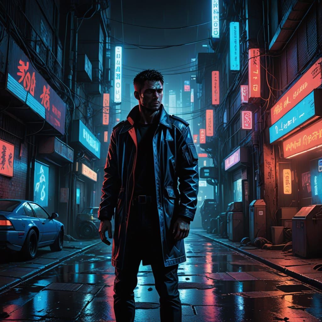 Cyberpunk Drifter in Neon-Lit Alleyway