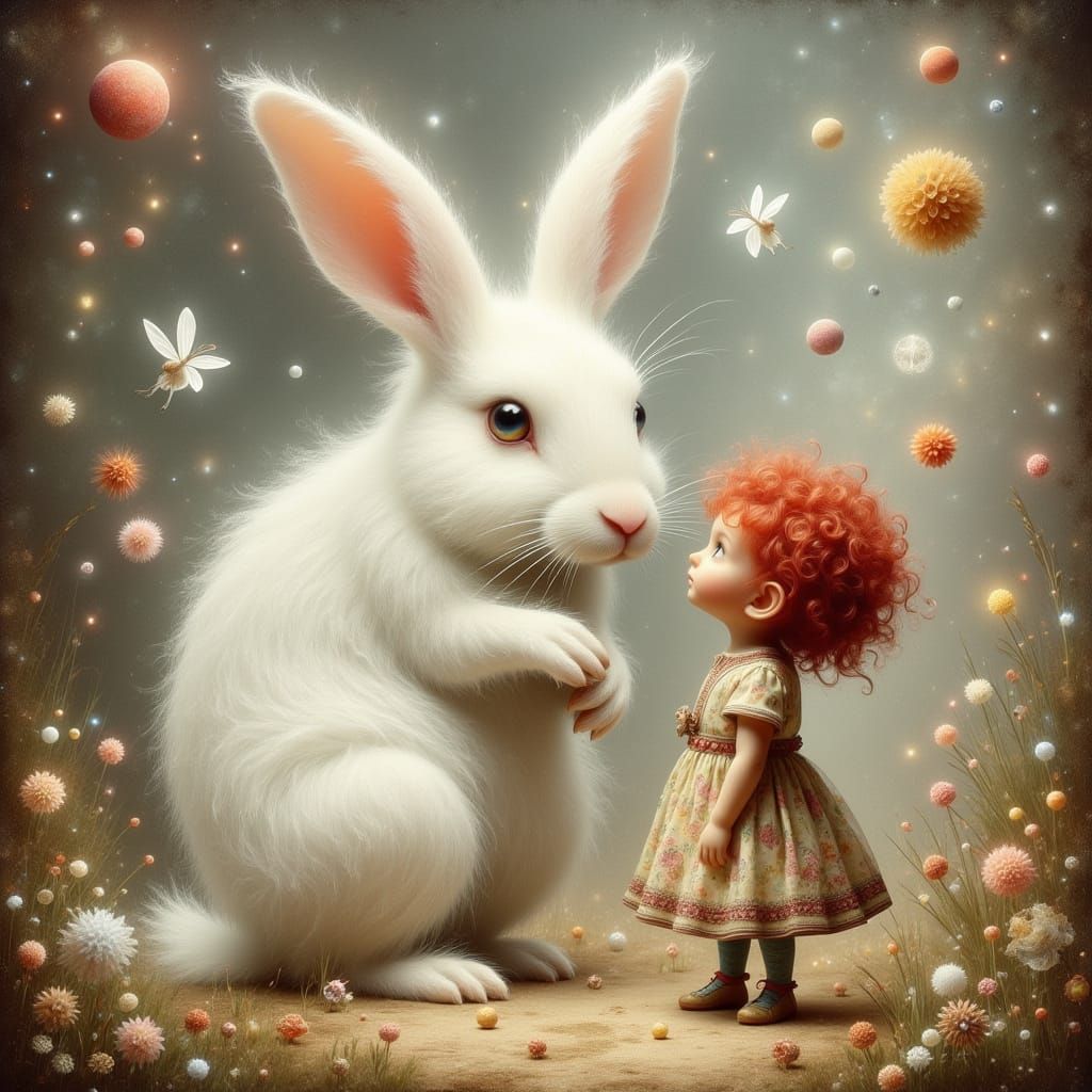 Whimsical Rabbit Chats With Girl in Dreamy Fantasy Style