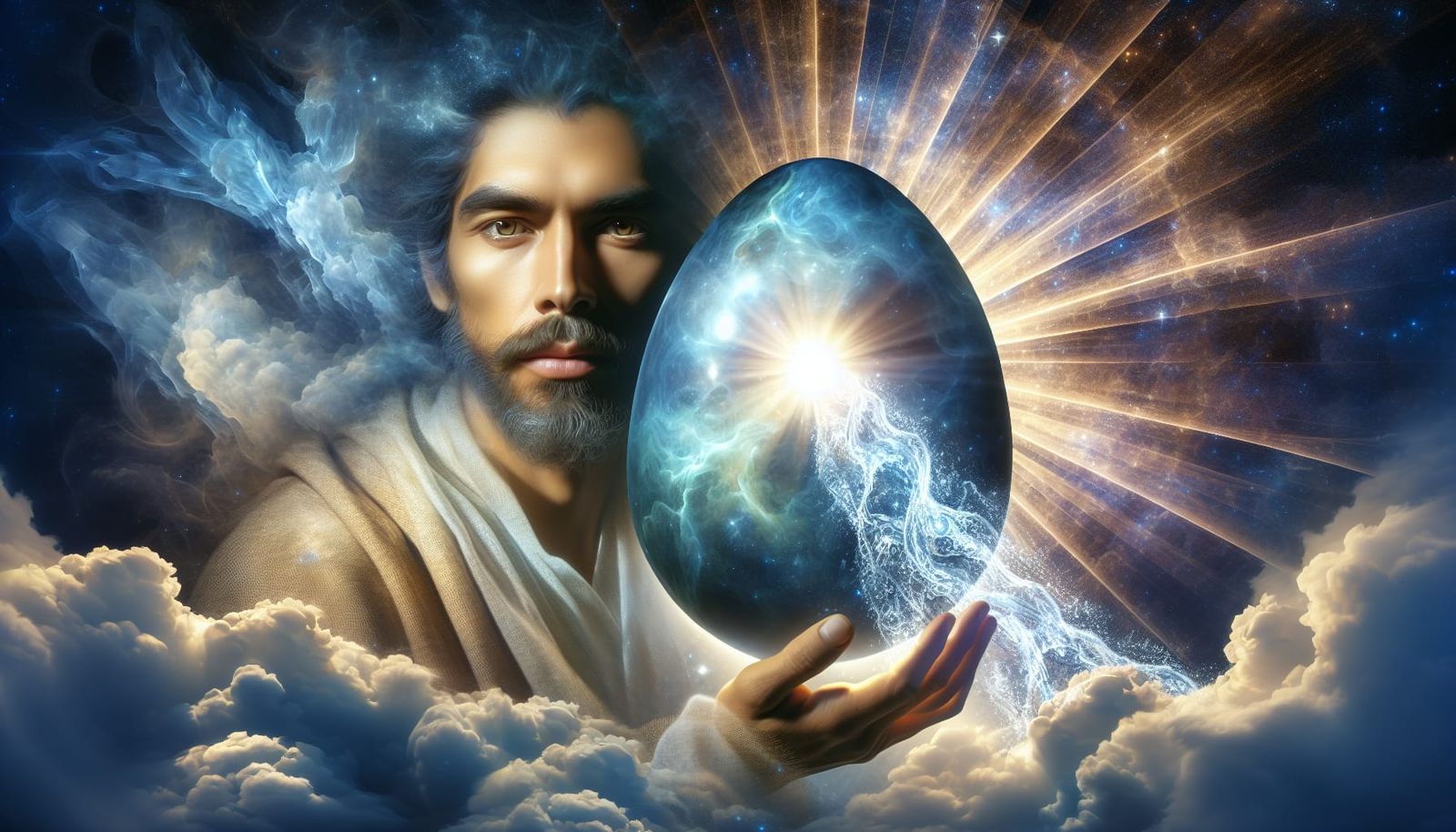A Spiritual Guide Beside a Glowing Egg of Ancient Power
