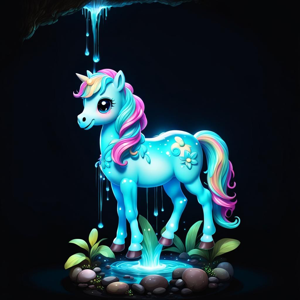 Bioluminescent Chibi Pony in Candy Garden, Digital Art