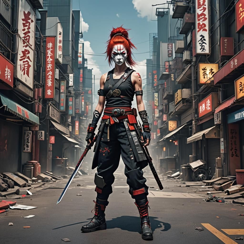Cyberpunk Street Samurai with Katana and Kabuki Mask