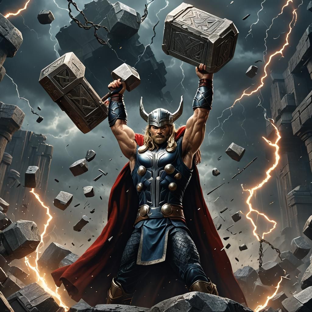 Thor, Marvel Comics Thor's hammer, lighning around him, hold...