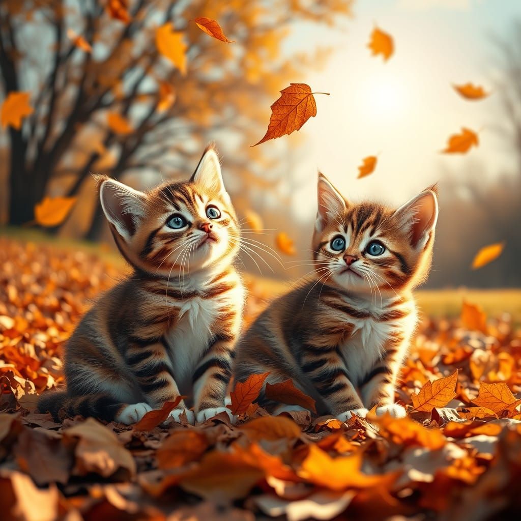 Cute Cats Playfully Batting Autumn Leaves