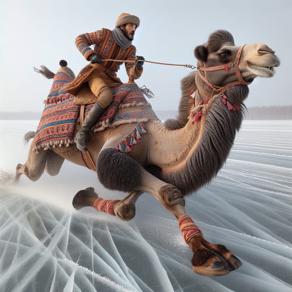 Camel and Jockey on Ice, Winter Scene