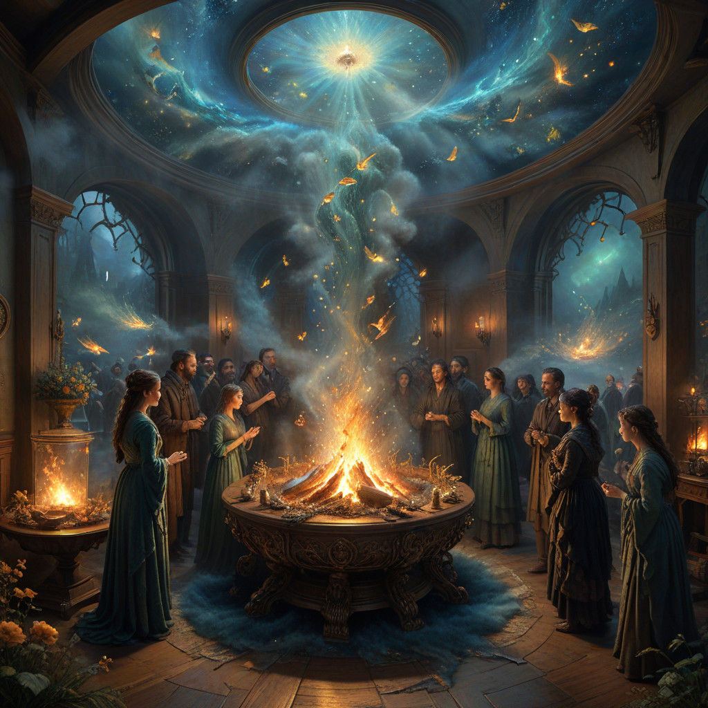 Mythological Gathering in Vibrant, Surreal Light