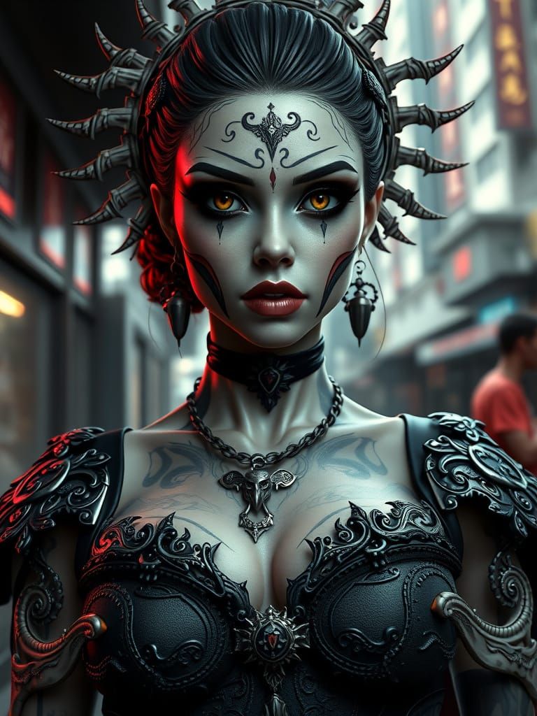 Busty Woman with Diabolical Entity in Urban Fantasy Setting