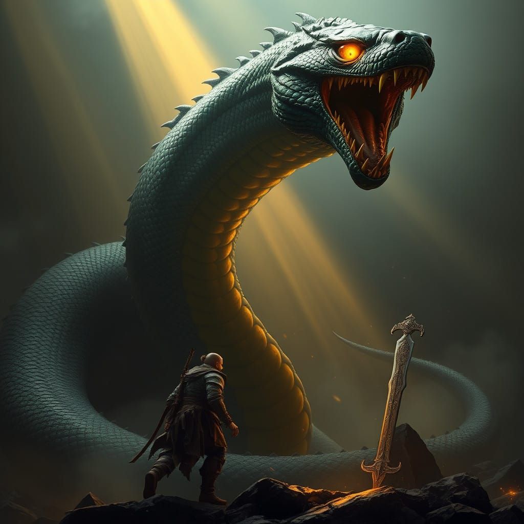 Mythical Basilisk vs. Human Warrior in Dark, Misty Landscape