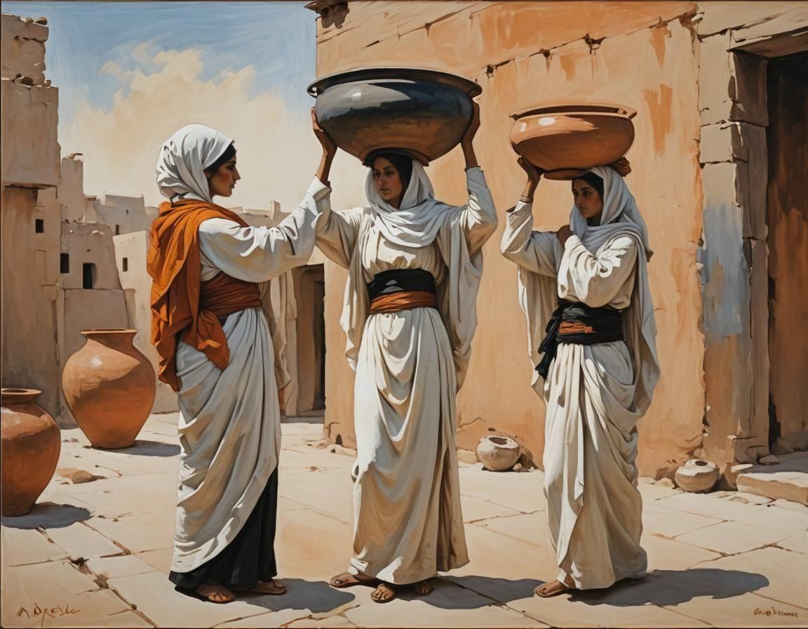 Ancient Arab Women with Clay Pots Painting