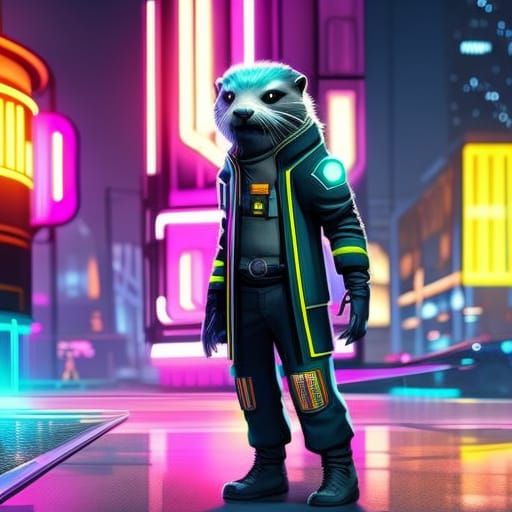 Cyberpunk Otter Strolling in Neon Cityscape