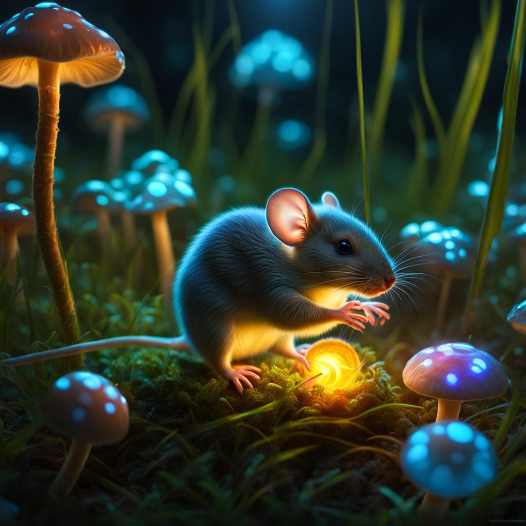 Bioluminescent Mice Under Mushroom: Hyperrealistic Fantasy A...