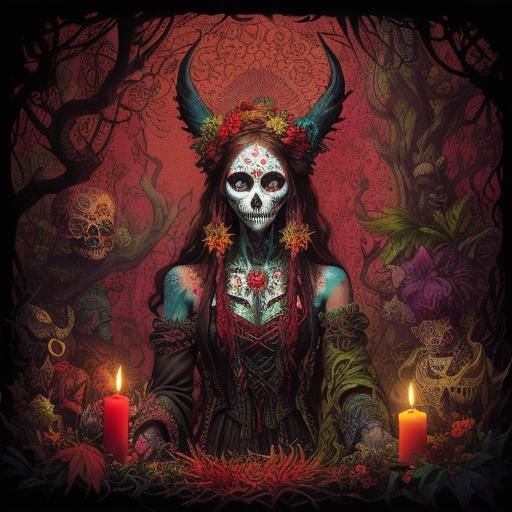 Vibrant Witch in Forest, Carne Griffiths Style