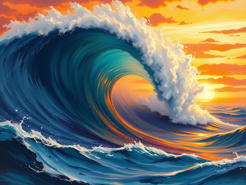Ethereal Sunset Ocean Wave in Impressionist Style
