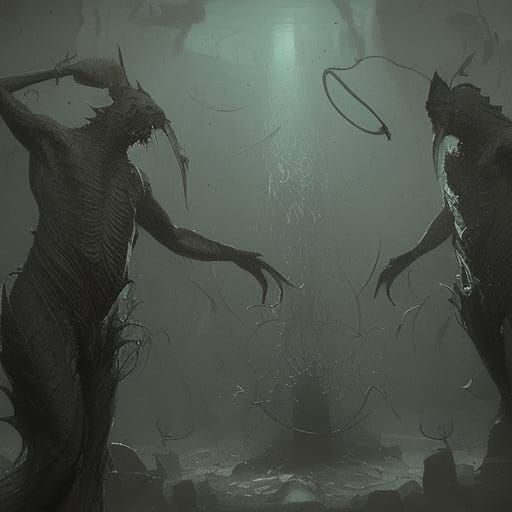 Sinister Innsmouth Fish Men in Gothic Horror Style