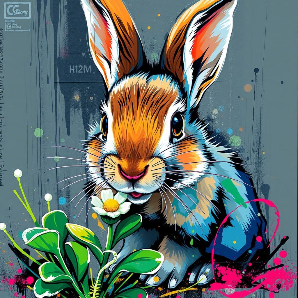 Vibrant Urban Bunny Devouring Clover in High-Contrast Graffi...