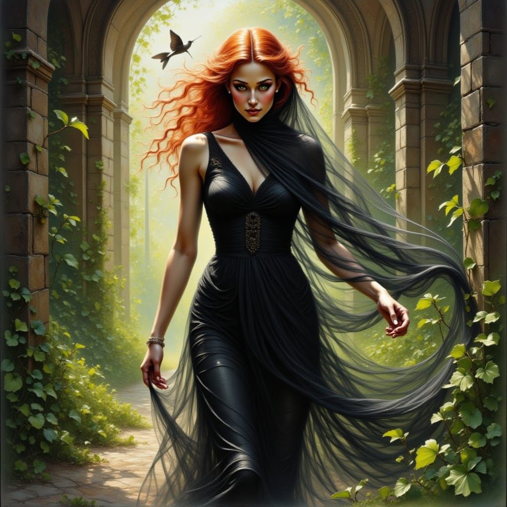 Redhead Woman in Veil at Cathedral Ruins