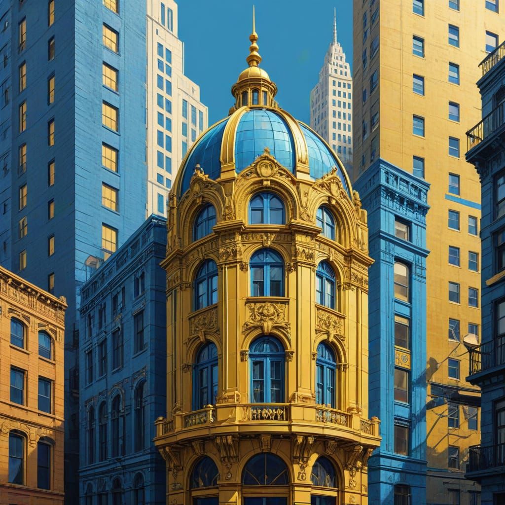 Vibrant Blue and Gold Cityscape in Art Deco Style