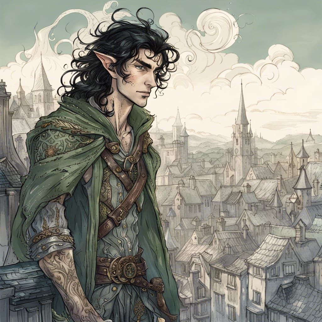 Elven Rogue Portrait in Ornate Quentin Blake Style