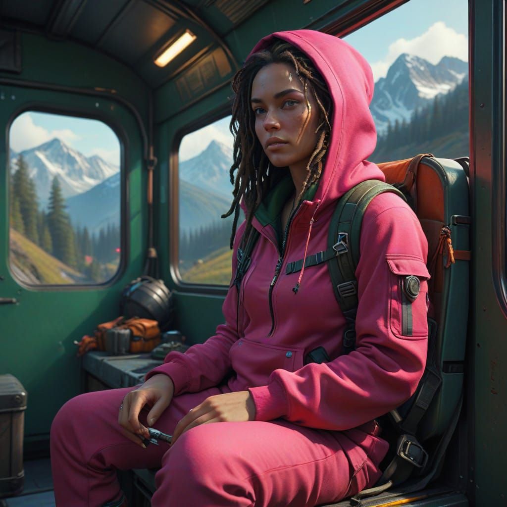Girl in Vibrant Pink Hoodie, Dreadlocks, and Green Eyes, Sur...