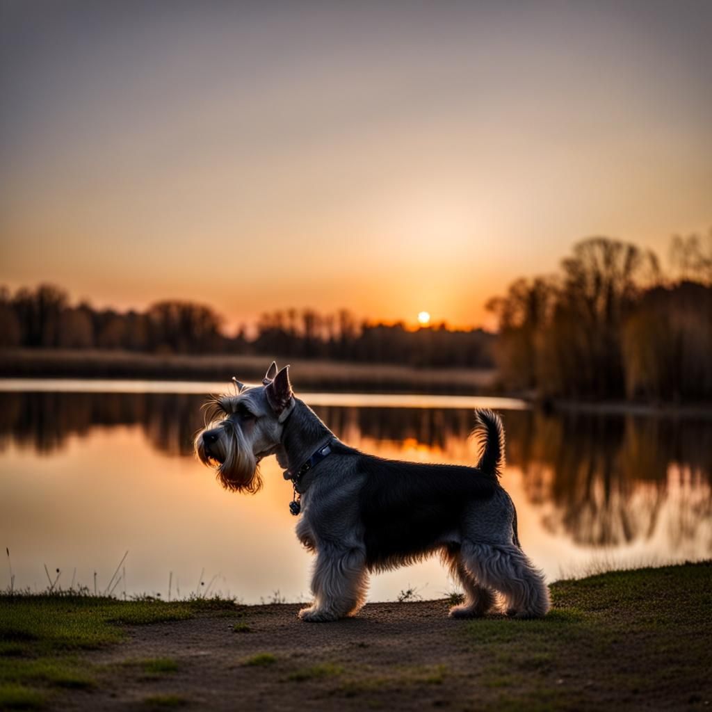 Mini Schnauzer Plays by Lake at Sundown