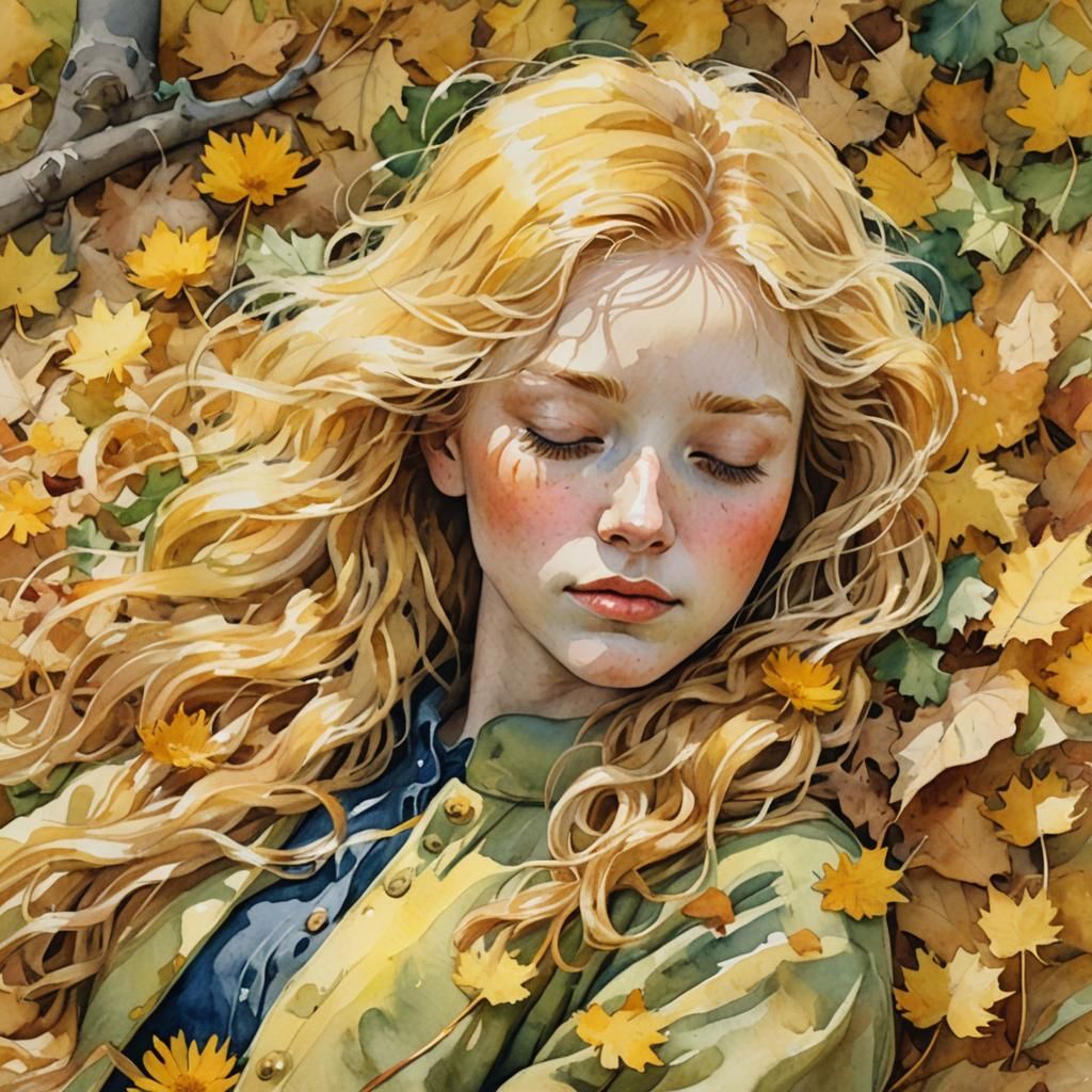 Dandelion Girl Sleeping in Autumn Leaves Watercolor
