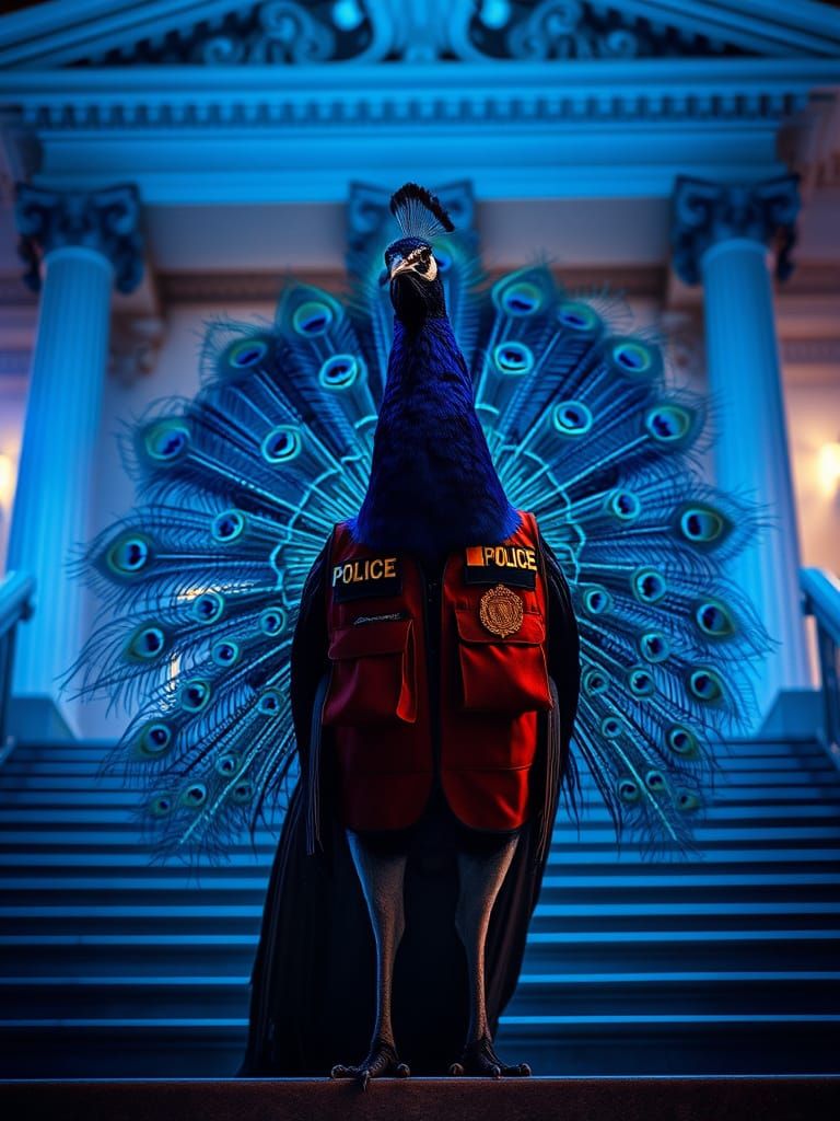 Ethereal Police Peacock Radiates Authority in Grand Courthou...