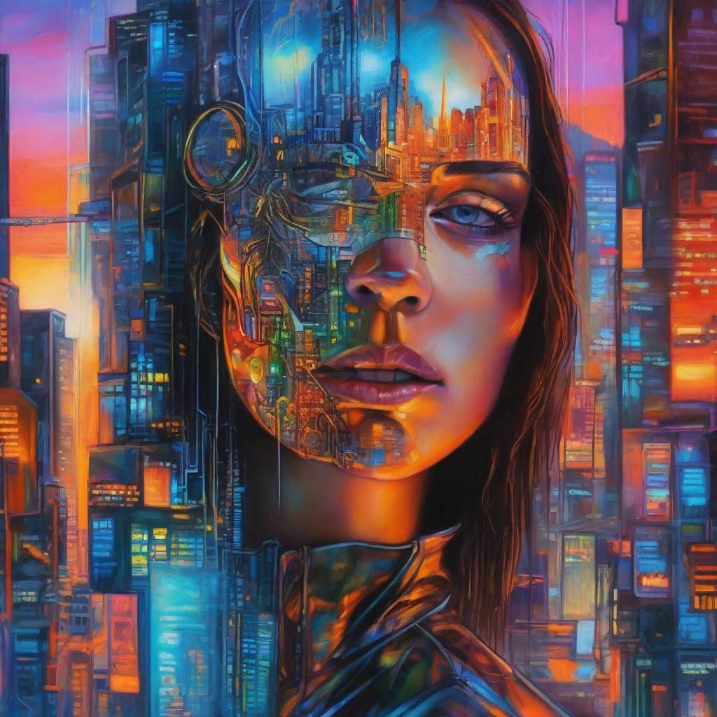 Cyborg Mindscape: Surreal Neon Cityscape Portrait